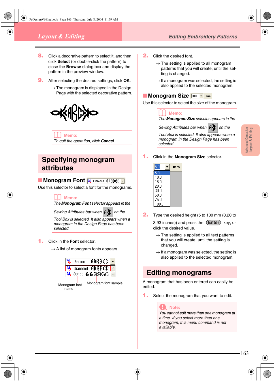 Specifying monogram attributes, Editing monograms, Layout & editing | Brother PE-DESIGN Ver.6 User Manual | Page 171 / 272