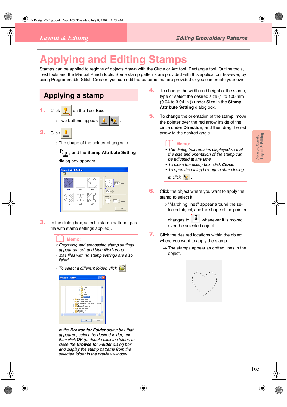 Applying and editing stamps, Applying a stamp, Layout & editing | Brother PE-DESIGN Ver.6 User Manual | Page 173 / 272
