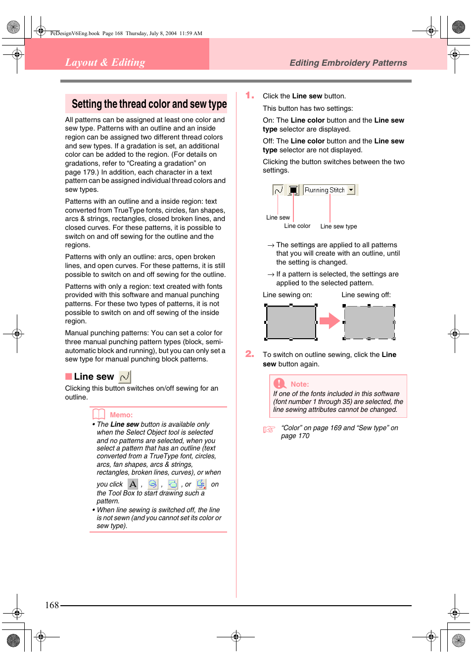 Setting the thread color and sew type, Layout & editing, Line sew | Brother PE-DESIGN Ver.6 User Manual | Page 176 / 272