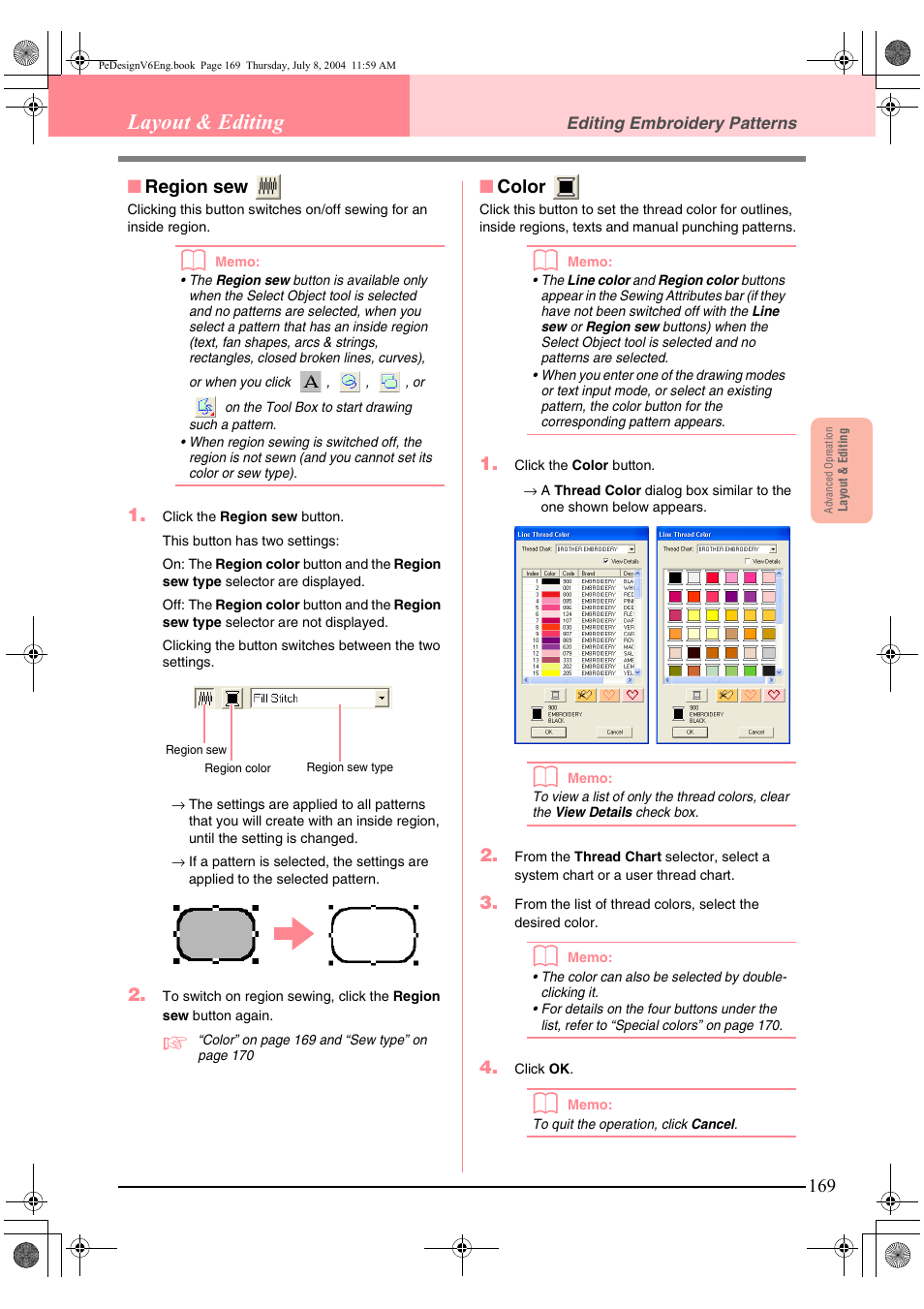 Layout & editing, Region sew, Color | Brother PE-DESIGN Ver.6 User Manual | Page 177 / 272