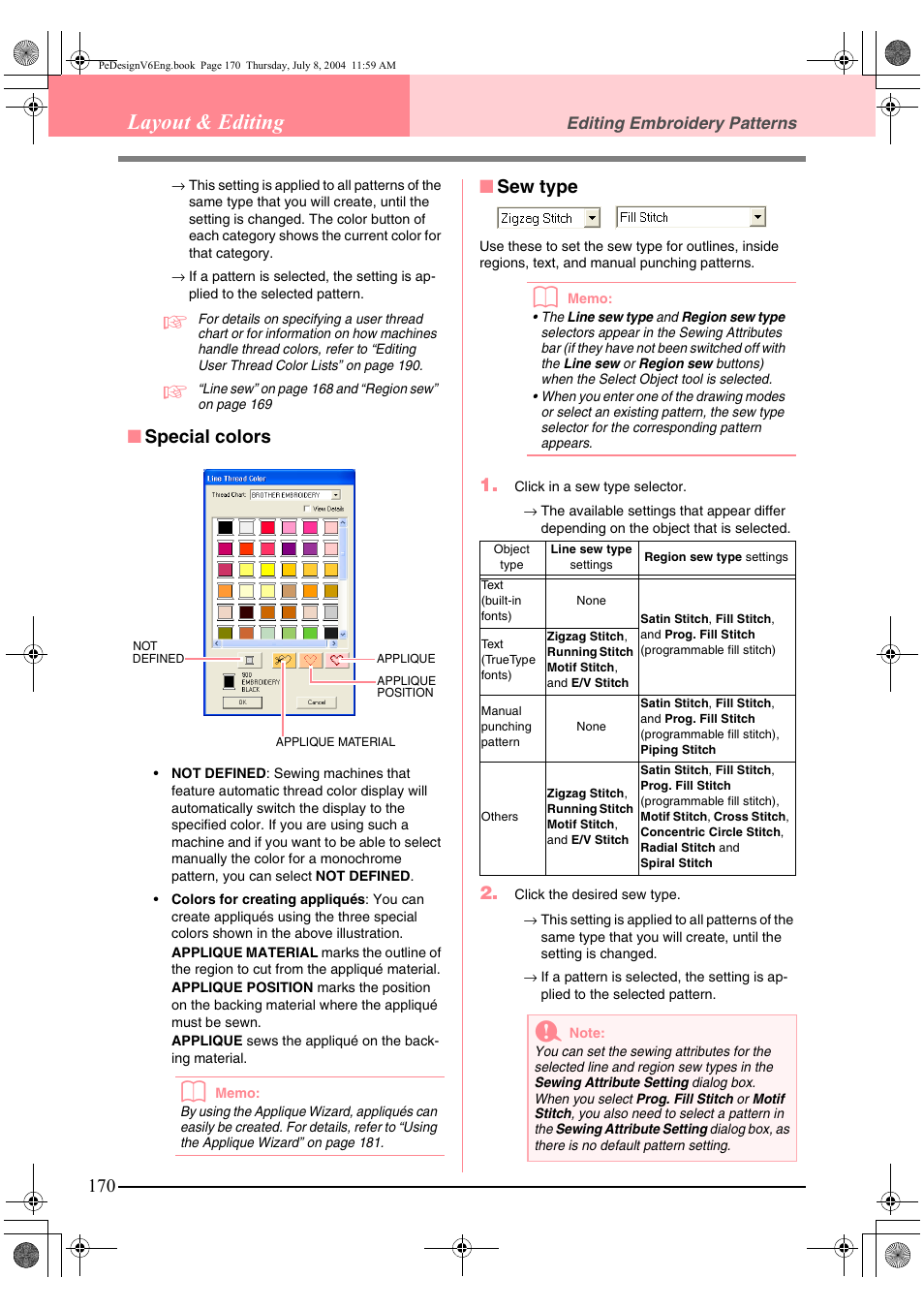 Layout & editing, Special colors, Sew type | Brother PE-DESIGN Ver.6 User Manual | Page 178 / 272