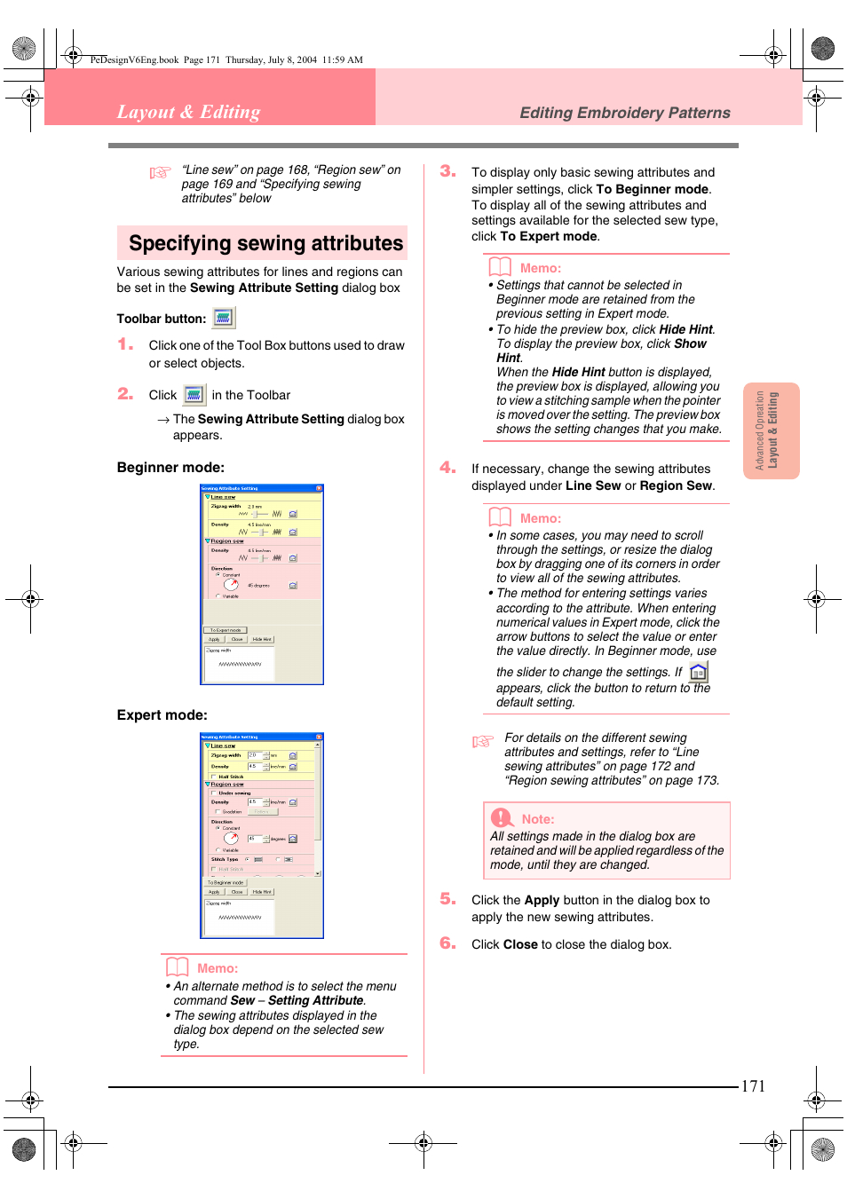 Specifying sewing attributes, Layout & editing | Brother PE-DESIGN Ver.6 User Manual | Page 179 / 272