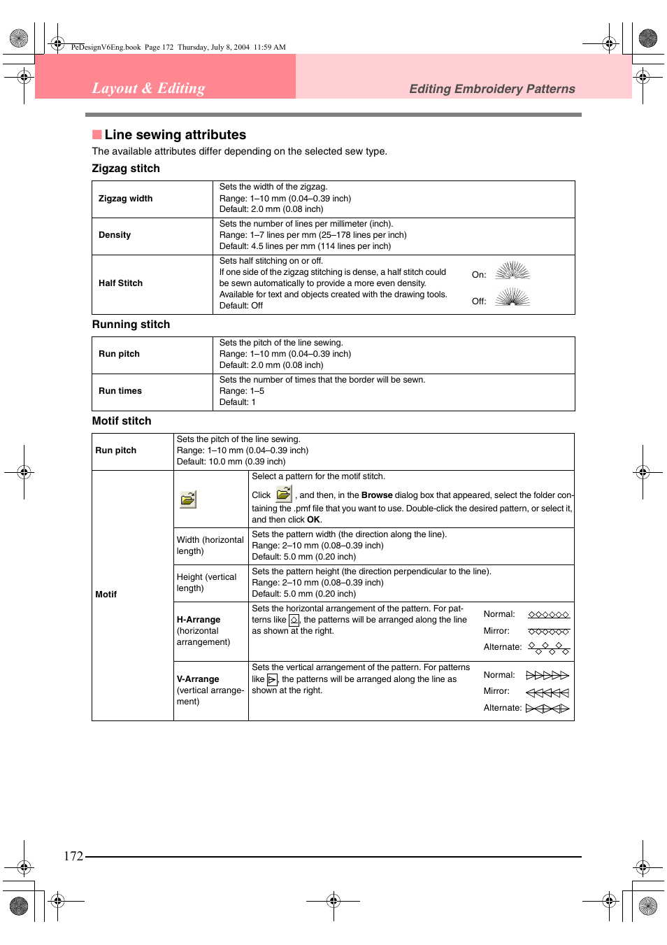Layout & editing, Line sewing attributes, Editing embroidery patterns | Brother PE-DESIGN Ver.6 User Manual | Page 180 / 272