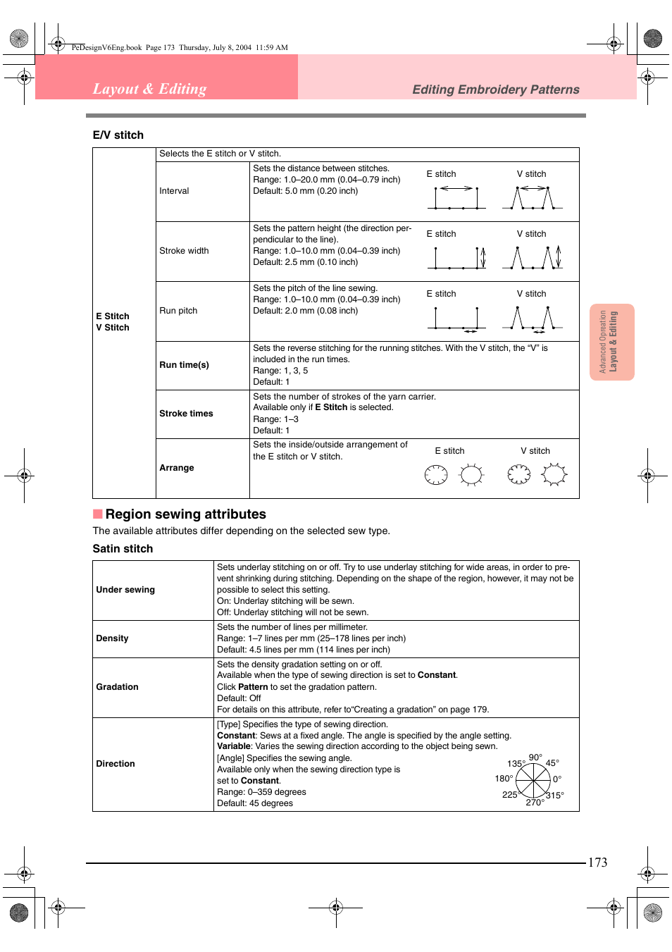 Layout & editing, Region sewing attributes, Editing embroidery patterns | Brother PE-DESIGN Ver.6 User Manual | Page 181 / 272