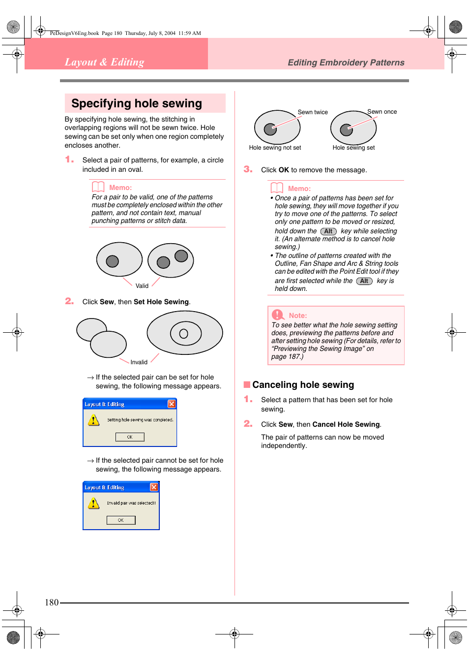 Specifying hole sewing, Layout & editing, Canceling hole sewing 1 | Brother PE-DESIGN Ver.6 User Manual | Page 188 / 272