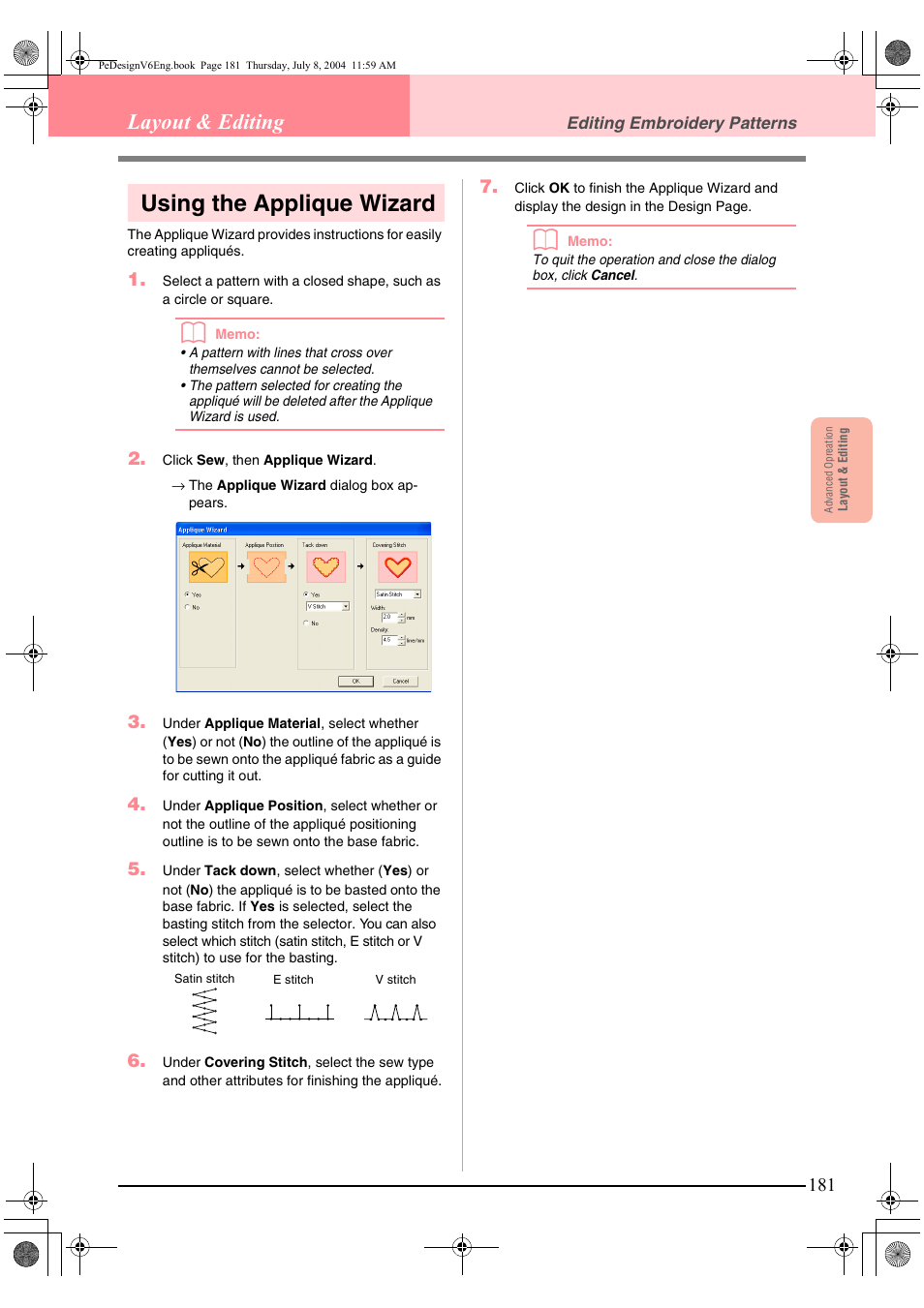Using the applique wizard, Layout & editing | Brother PE-DESIGN Ver.6 User Manual | Page 189 / 272