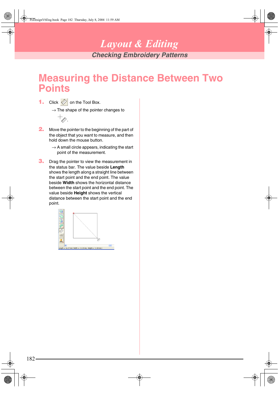Layout & editing, Measuring the distance between two points, Checking embroidery patterns | Brother PE-DESIGN Ver.6 User Manual | Page 190 / 272