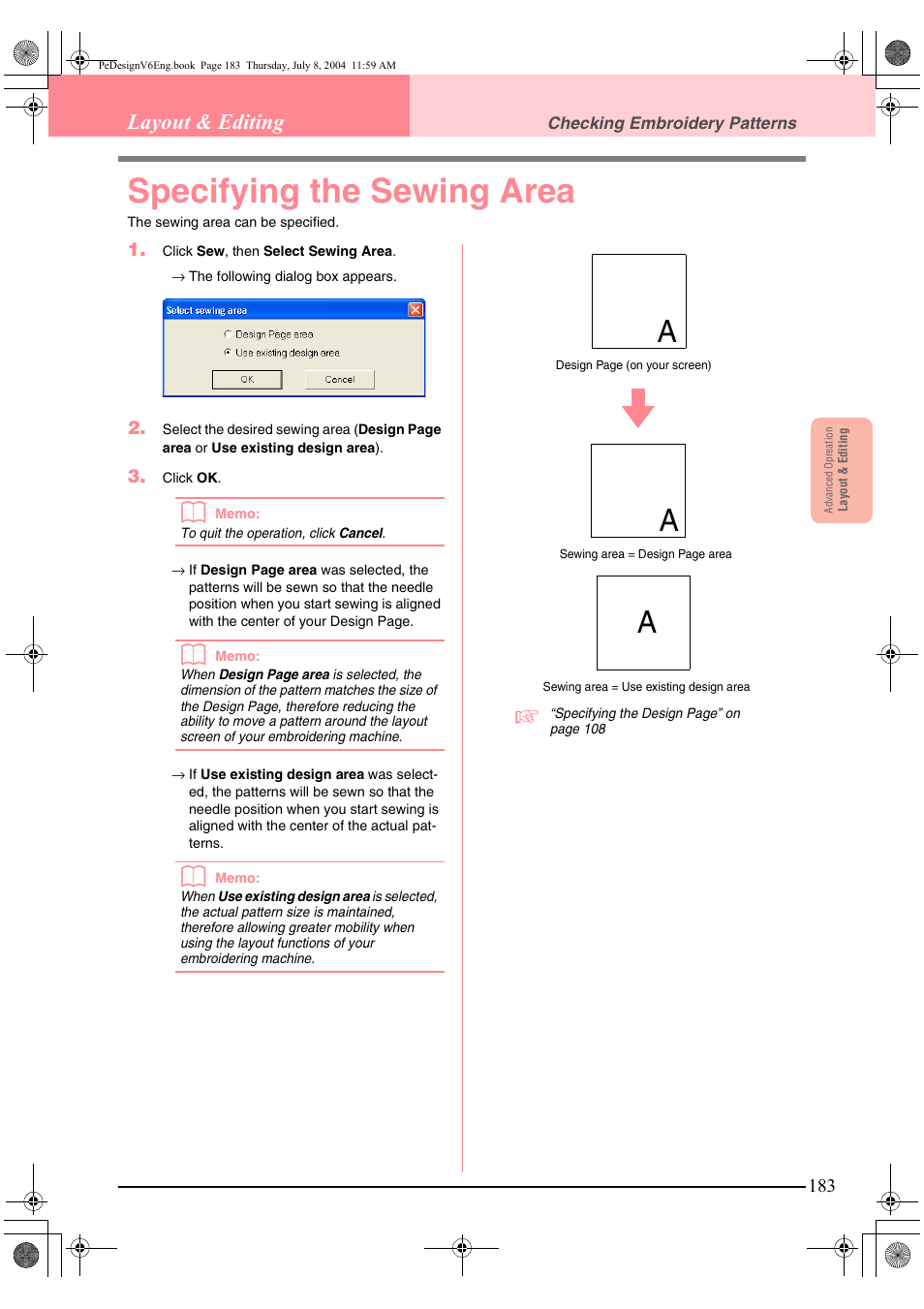 Specifying the sewing area, Layout & editing | Brother PE-DESIGN Ver.6 User Manual | Page 191 / 272