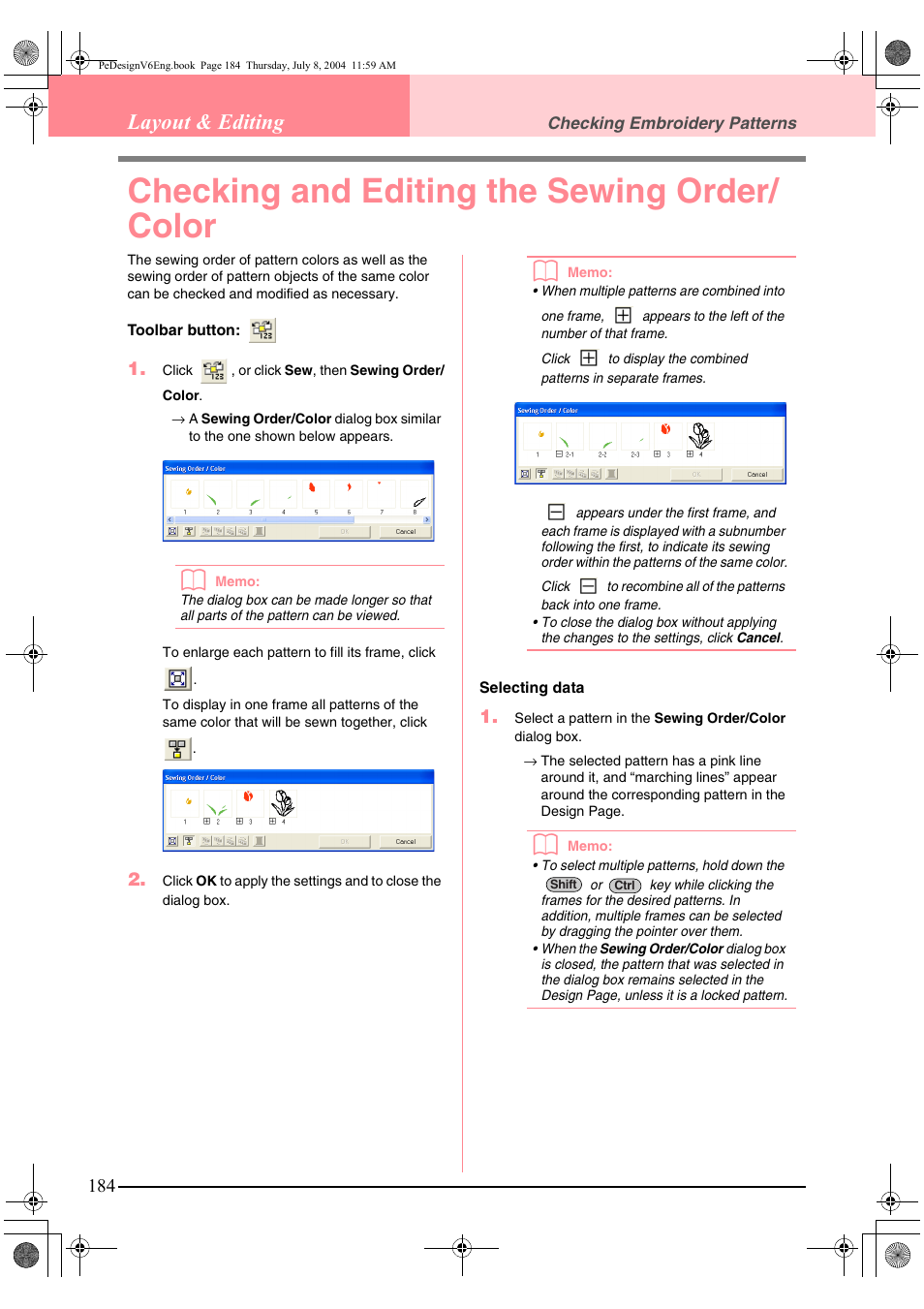Checking and editing the sewing order/ color, Layout & editing | Brother PE-DESIGN Ver.6 User Manual | Page 192 / 272