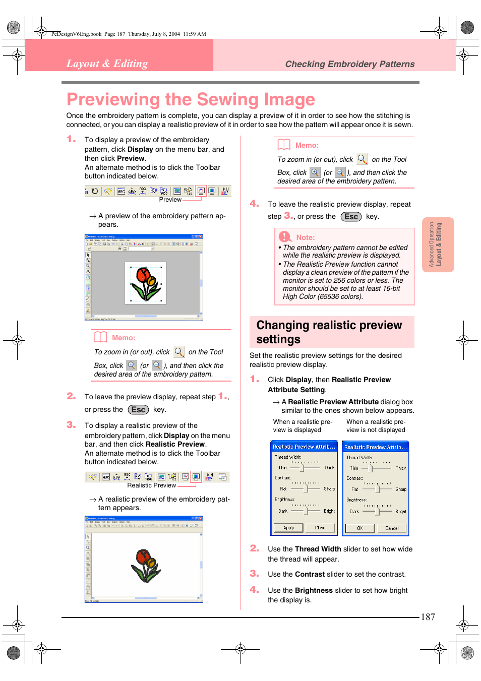 Previewing the sewing image, Changing realistic preview settings, Layout & editing | Brother PE-DESIGN Ver.6 User Manual | Page 195 / 272