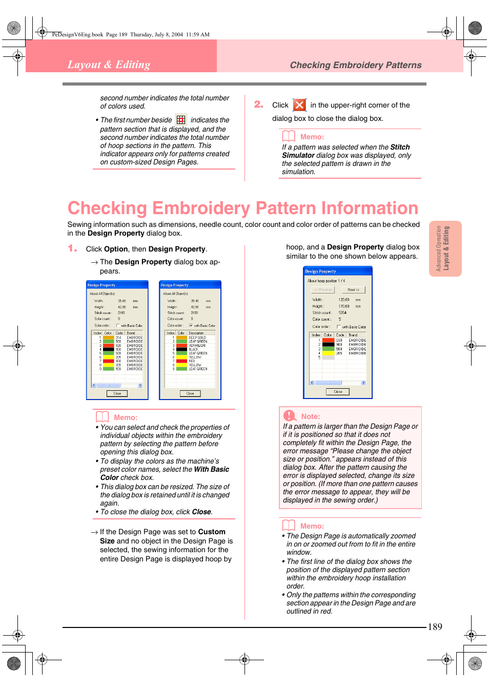 Checking embroidery pattern information, Layout & editing | Brother PE-DESIGN Ver.6 User Manual | Page 197 / 272