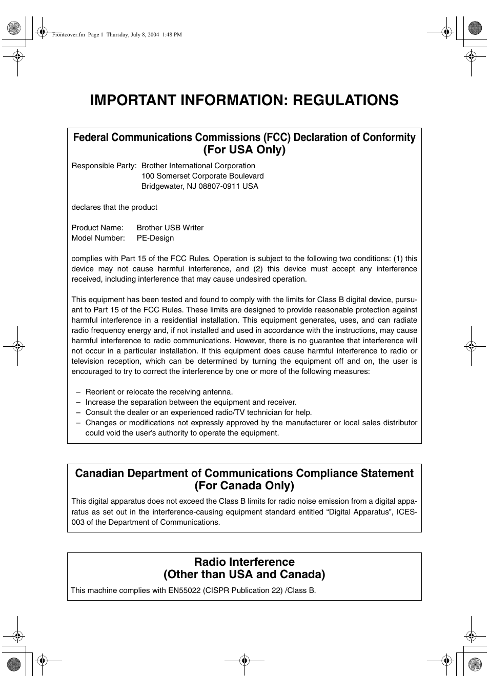 Important information: regulations, Radio interference (other than usa and canada) | Brother PE-DESIGN Ver.6 User Manual | Page 2 / 272