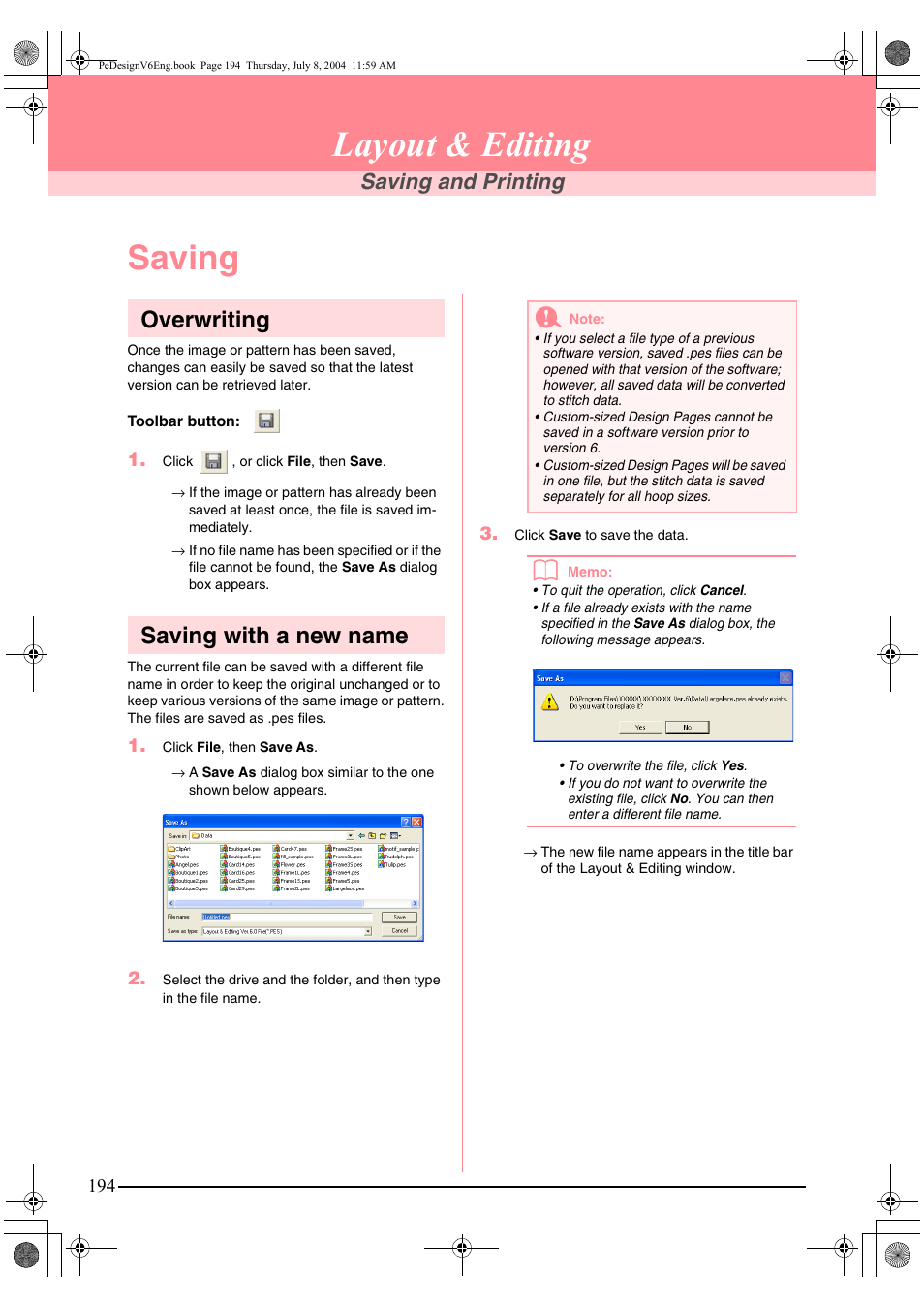 Layout & editing, Saving, Overwriting | Saving with a new name, Saving and printing | Brother PE-DESIGN Ver.6 User Manual | Page 202 / 272