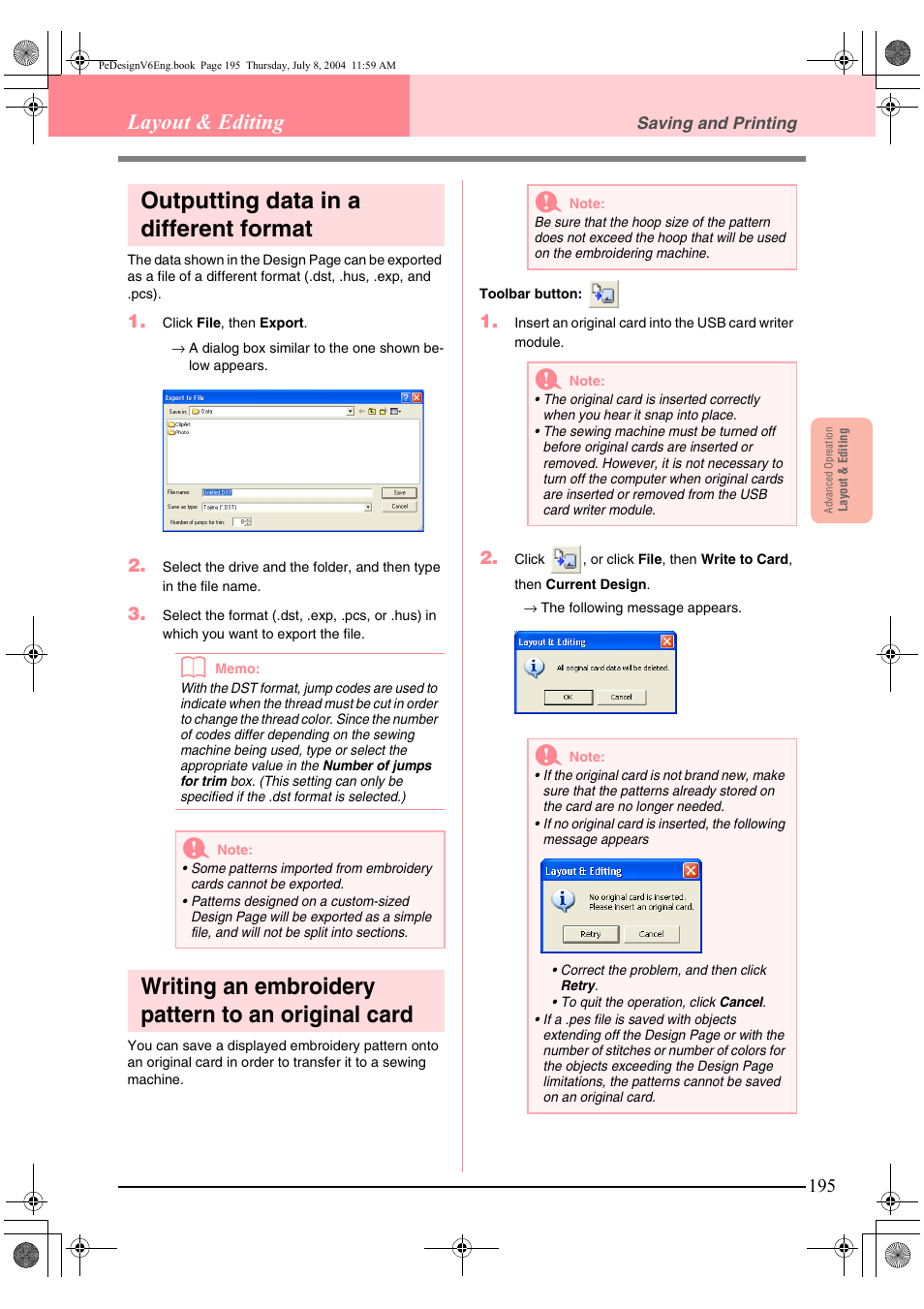 Outputting data in a different format, Writing an embroidery pattern to an original card, Layout & editing | Brother PE-DESIGN Ver.6 User Manual | Page 203 / 272
