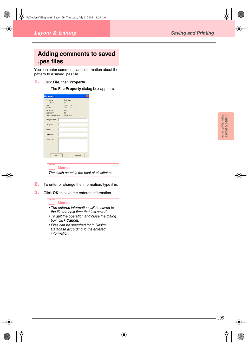 Adding comments to saved .pes files, Layout & editing | Brother PE-DESIGN Ver.6 User Manual | Page 207 / 272