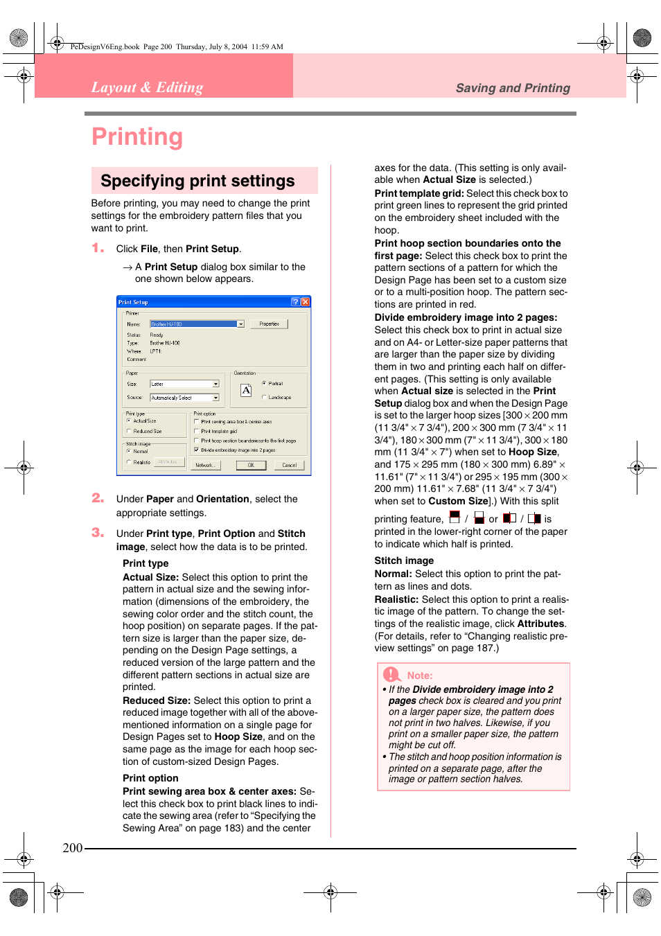 Printing, Specifying print settings, Layout & editing | Brother PE-DESIGN Ver.6 User Manual | Page 208 / 272