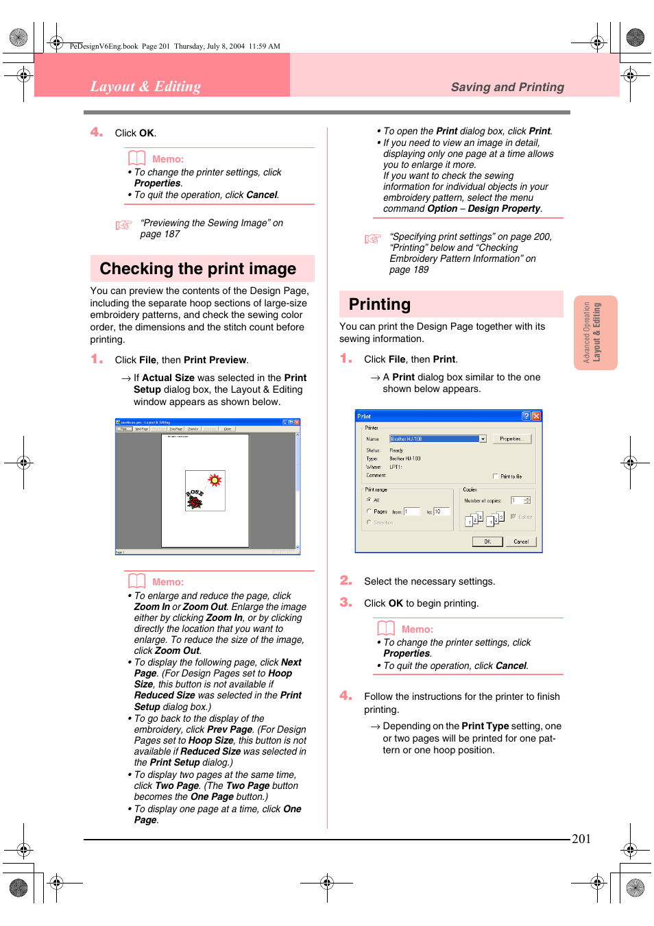 Checking the print image, Printing, Layout & editing | Brother PE-DESIGN Ver.6 User Manual | Page 209 / 272