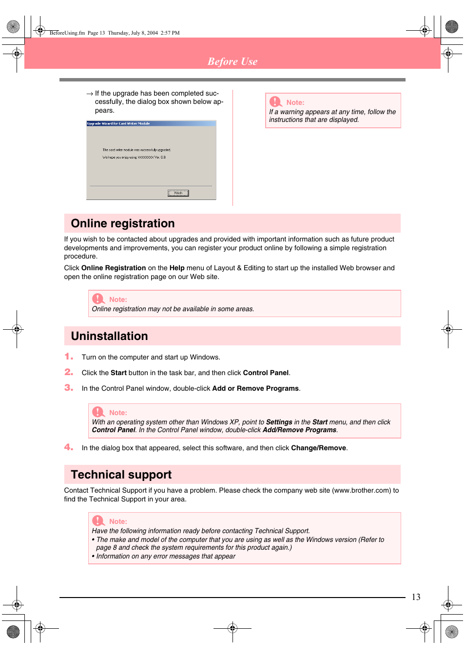 Online registration, Uninstallation, Technical support | Before use | Brother PE-DESIGN Ver.6 User Manual | Page 21 / 272