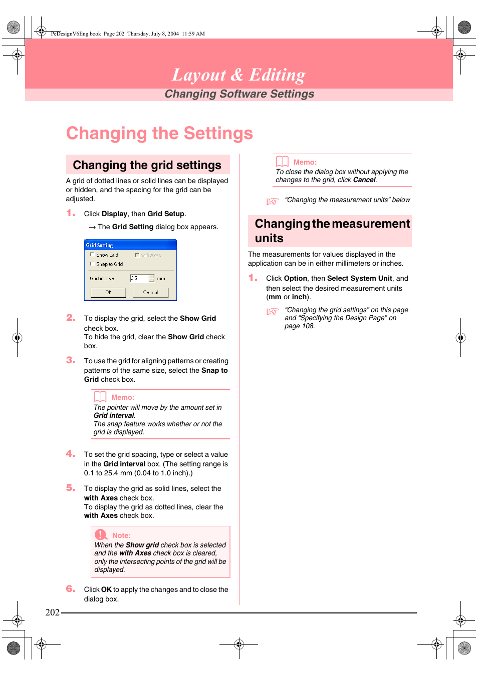 Layout & editing, Changing the settings, Changing the grid settings | Changing the measurement units, Changing software settings | Brother PE-DESIGN Ver.6 User Manual | Page 210 / 272