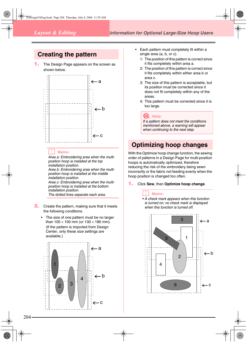 Creating the pattern, Optimizing hoop changes, Layout & editing | Brother PE-DESIGN Ver.6 User Manual | Page 212 / 272
