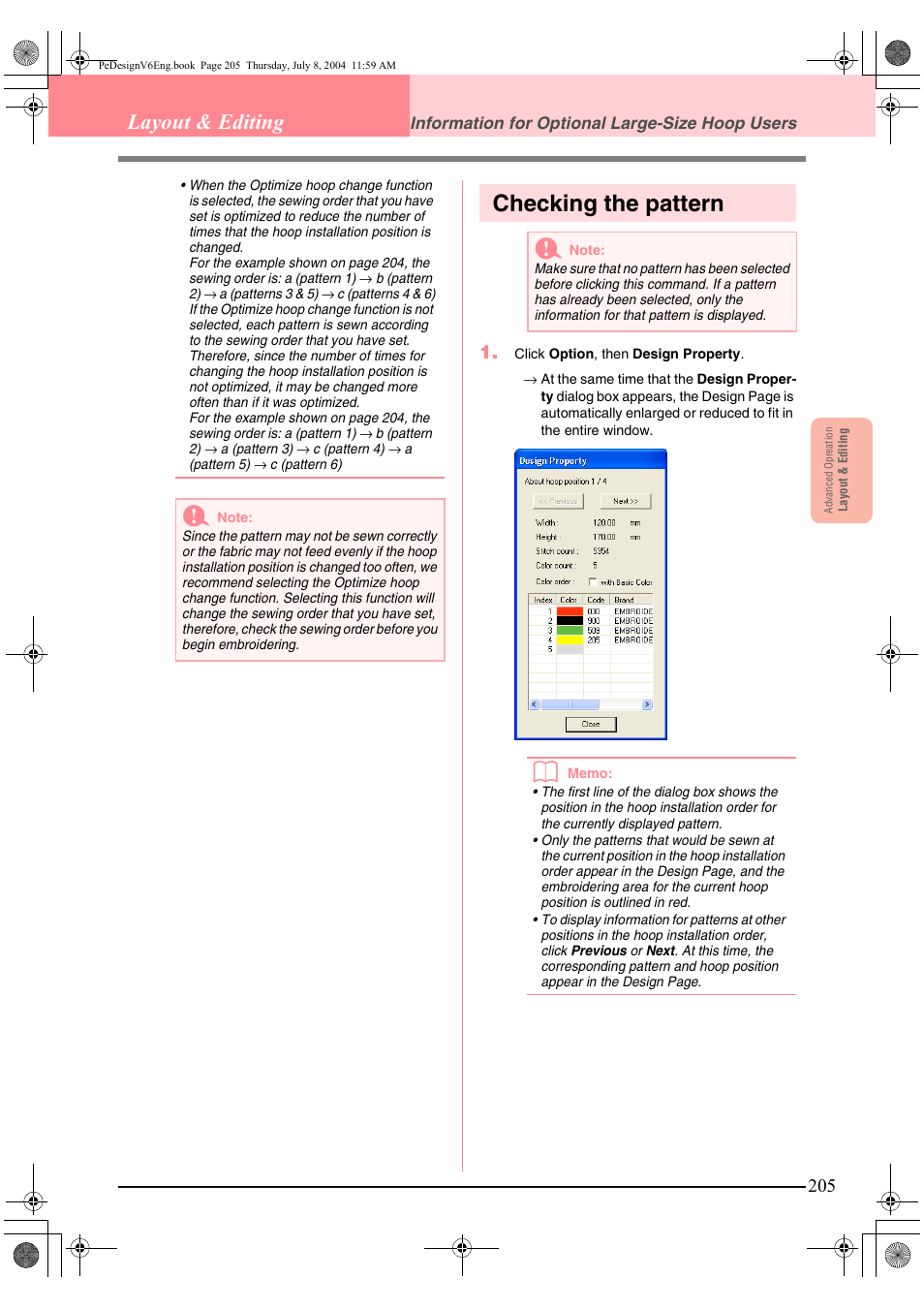 Checking the pattern, Layout & editing | Brother PE-DESIGN Ver.6 User Manual | Page 213 / 272