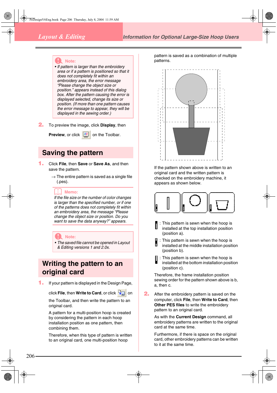 Saving the pattern, Writing the pattern to an original card, Layout & editing | Brother PE-DESIGN Ver.6 User Manual | Page 214 / 272