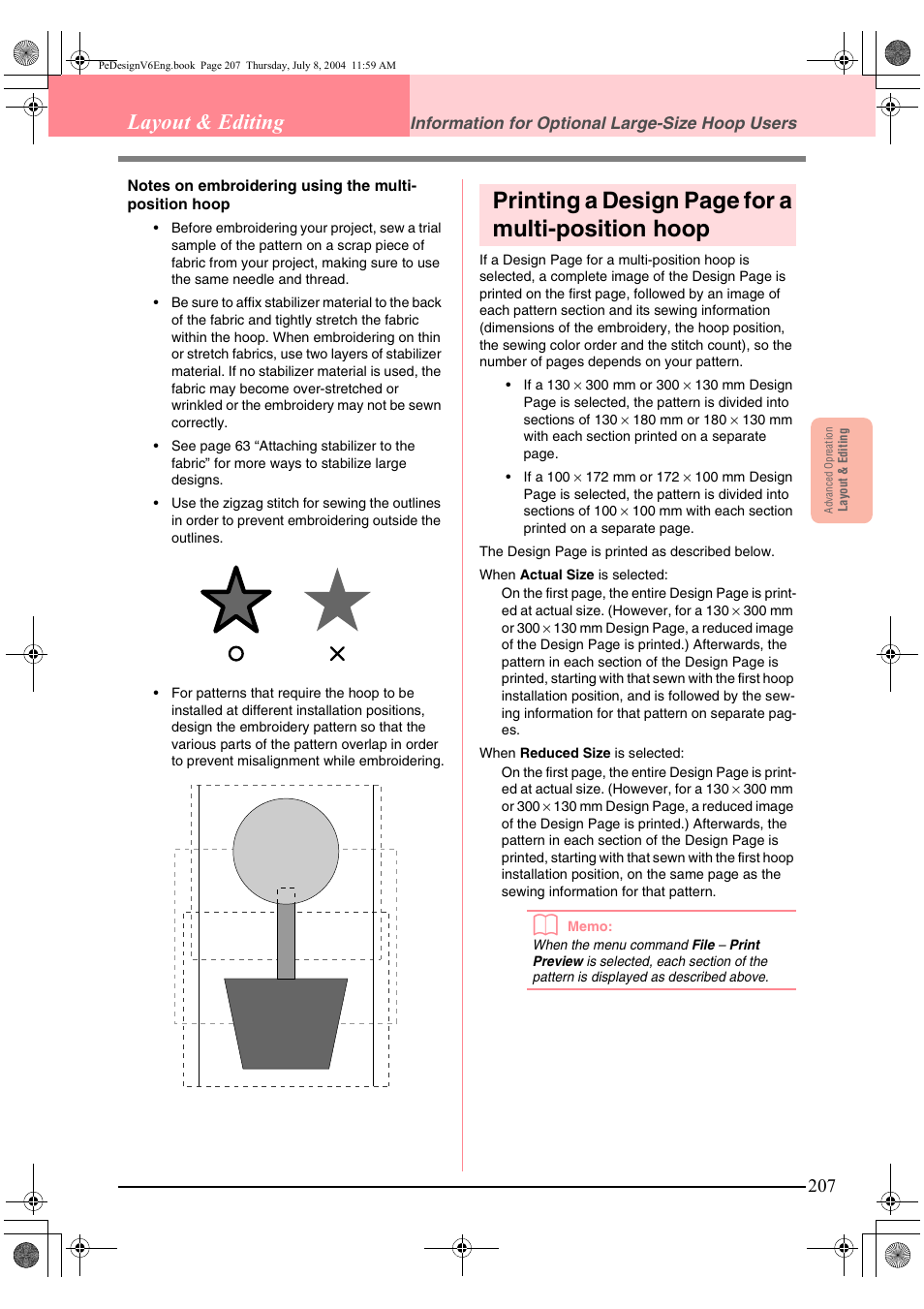 Printing a design page for a multi-position hoop, Layout & editing | Brother PE-DESIGN Ver.6 User Manual | Page 215 / 272