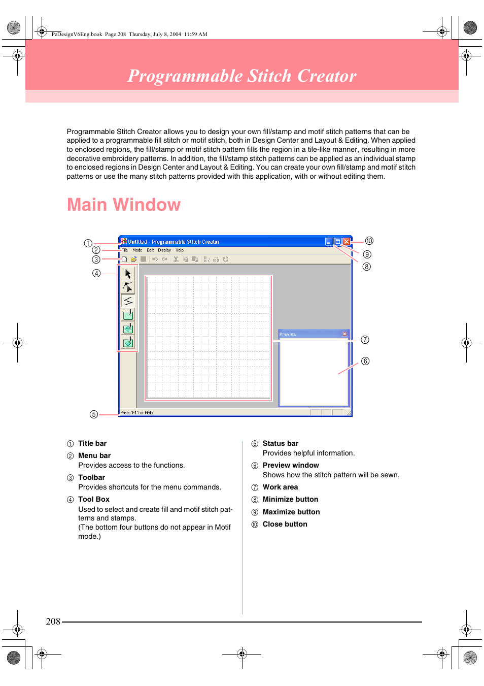 Programmable stitch creator, Main window | Brother PE-DESIGN Ver.6 User Manual | Page 216 / 272