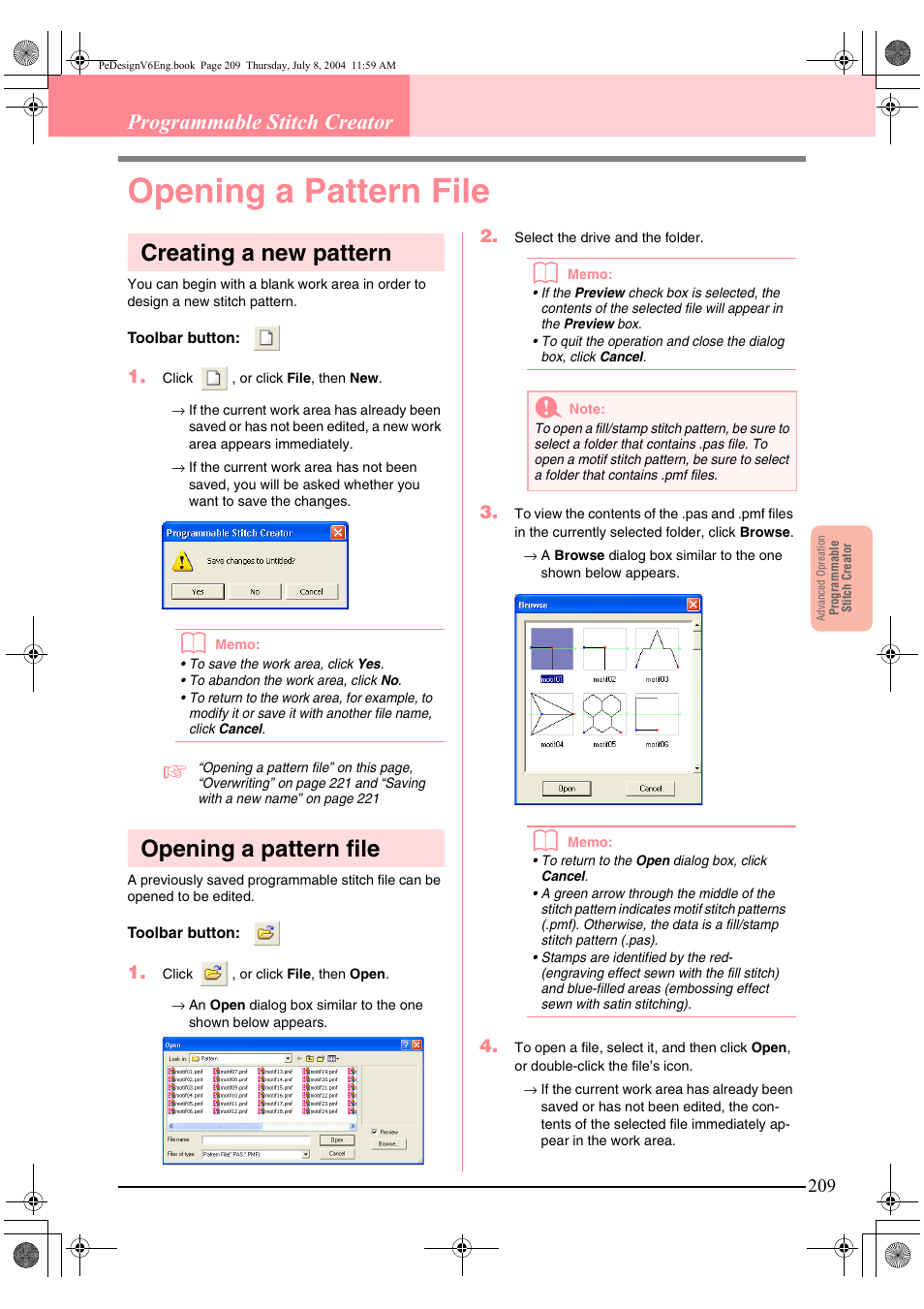 Opening a pattern file, Creating a new pattern, Programmable stitch creator | Brother PE-DESIGN Ver.6 User Manual | Page 217 / 272