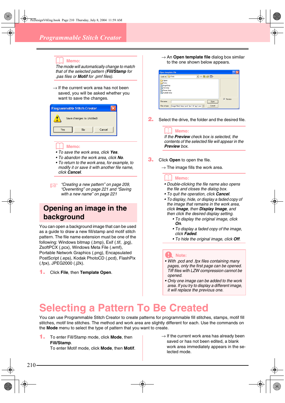 Selecting a pattern to be created, Opening an image in the background, Programmable stitch creator b | Brother PE-DESIGN Ver.6 User Manual | Page 218 / 272