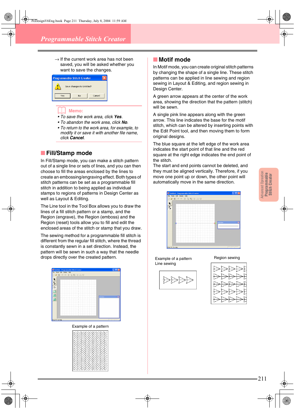 Programmable stitch creator, Fill/stamp mode, Motif mode | Brother PE-DESIGN Ver.6 User Manual | Page 219 / 272