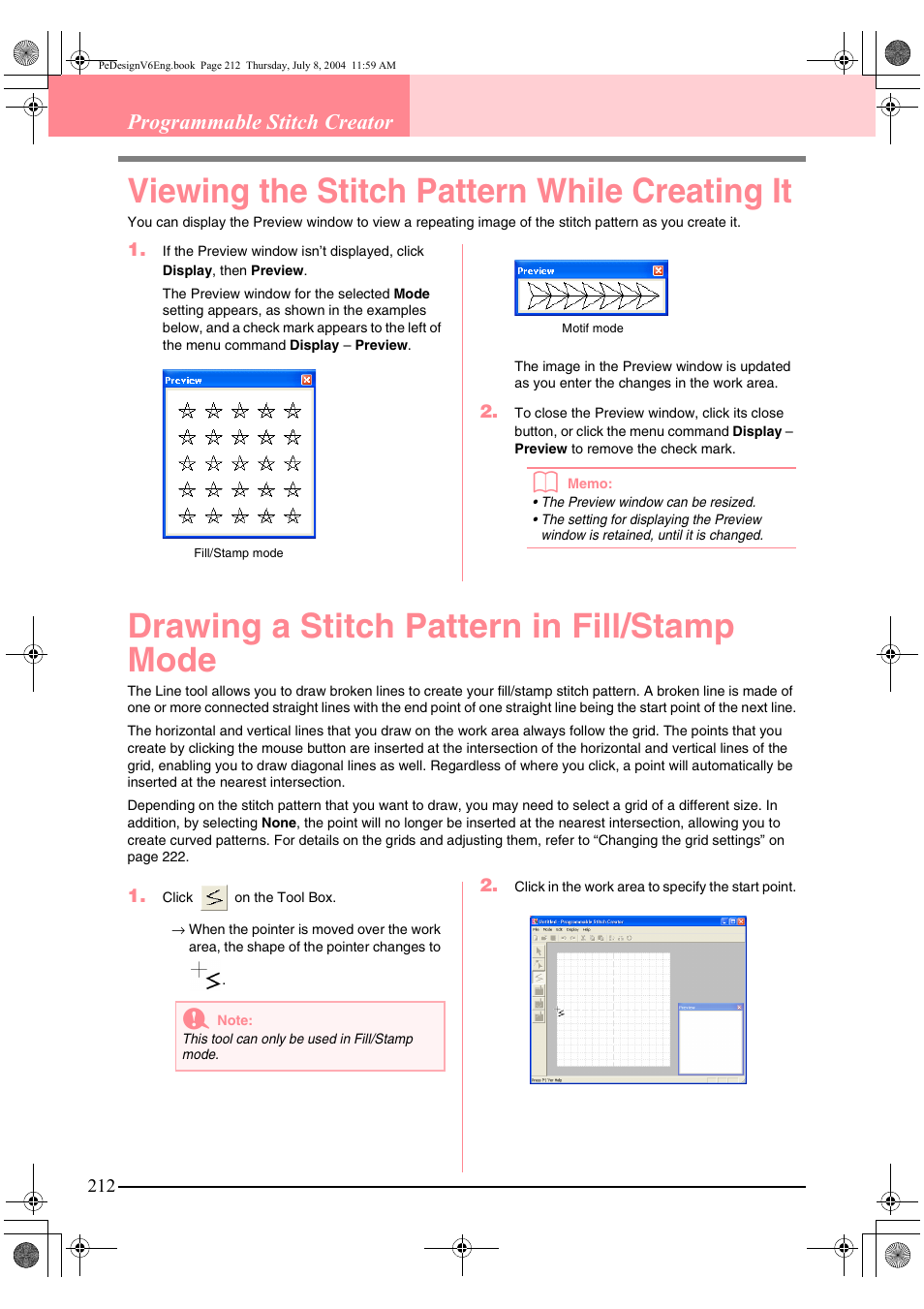 Viewing the stitch pattern while creating it, Drawing a stitch pattern in fill/stamp mode, Programmable stitch creator | Brother PE-DESIGN Ver.6 User Manual | Page 220 / 272