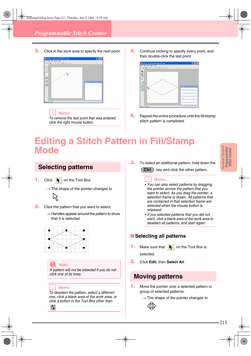 Editing a stitch pattern in fill/stamp mode, Selecting patterns, Moving patterns | Programmable stitch creator | Brother PE-DESIGN Ver.6 User Manual | Page 221 / 272
