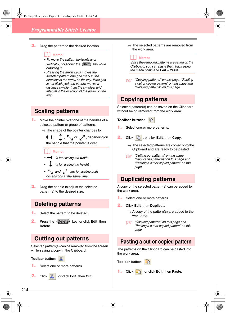 Scaling patterns, Deleting patterns, Cutting out patterns | Copying patterns, Duplicating patterns, Pasting a cut or copied pattern, Programmable stitch creator | Brother PE-DESIGN Ver.6 User Manual | Page 222 / 272