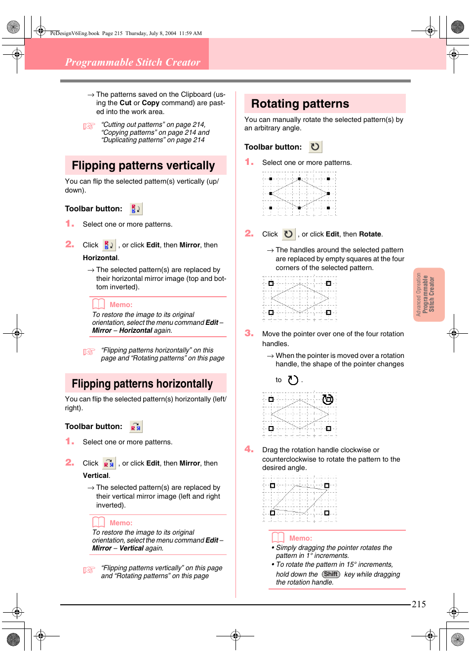 Flipping patterns vertically, Flipping patterns horizontally, Rotating patterns | Programmable stitch creator | Brother PE-DESIGN Ver.6 User Manual | Page 223 / 272