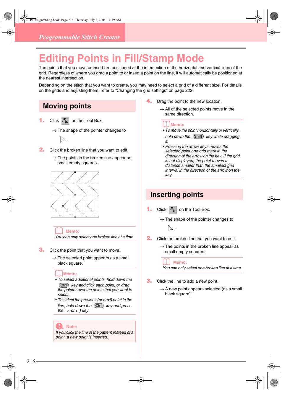 Editing points in fill/stamp mode, Moving points, Inserting points | Programmable stitch creator | Brother PE-DESIGN Ver.6 User Manual | Page 224 / 272