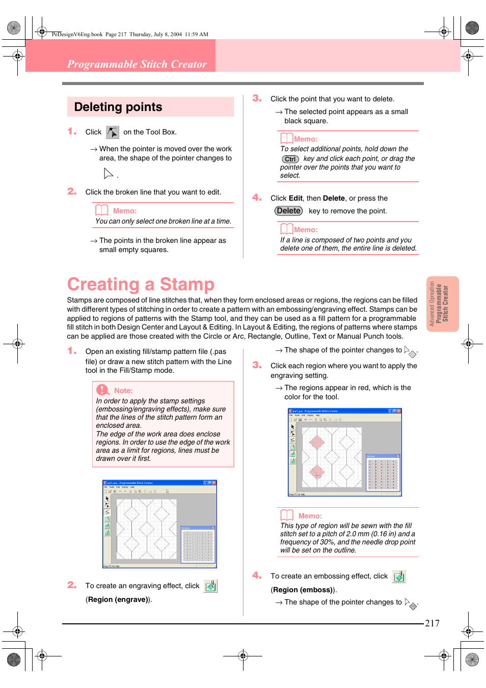 Creating a stamp, Deleting points, Programmable stitch creator | Brother PE-DESIGN Ver.6 User Manual | Page 225 / 272