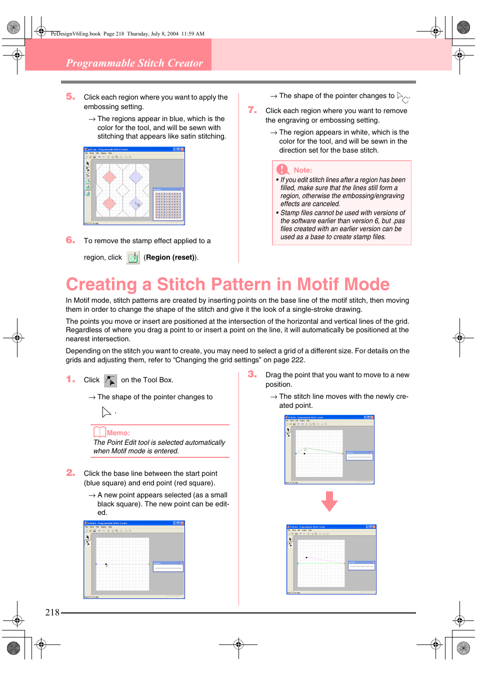 Creating a stitch pattern in motif mode, Programmable stitch creator | Brother PE-DESIGN Ver.6 User Manual | Page 226 / 272