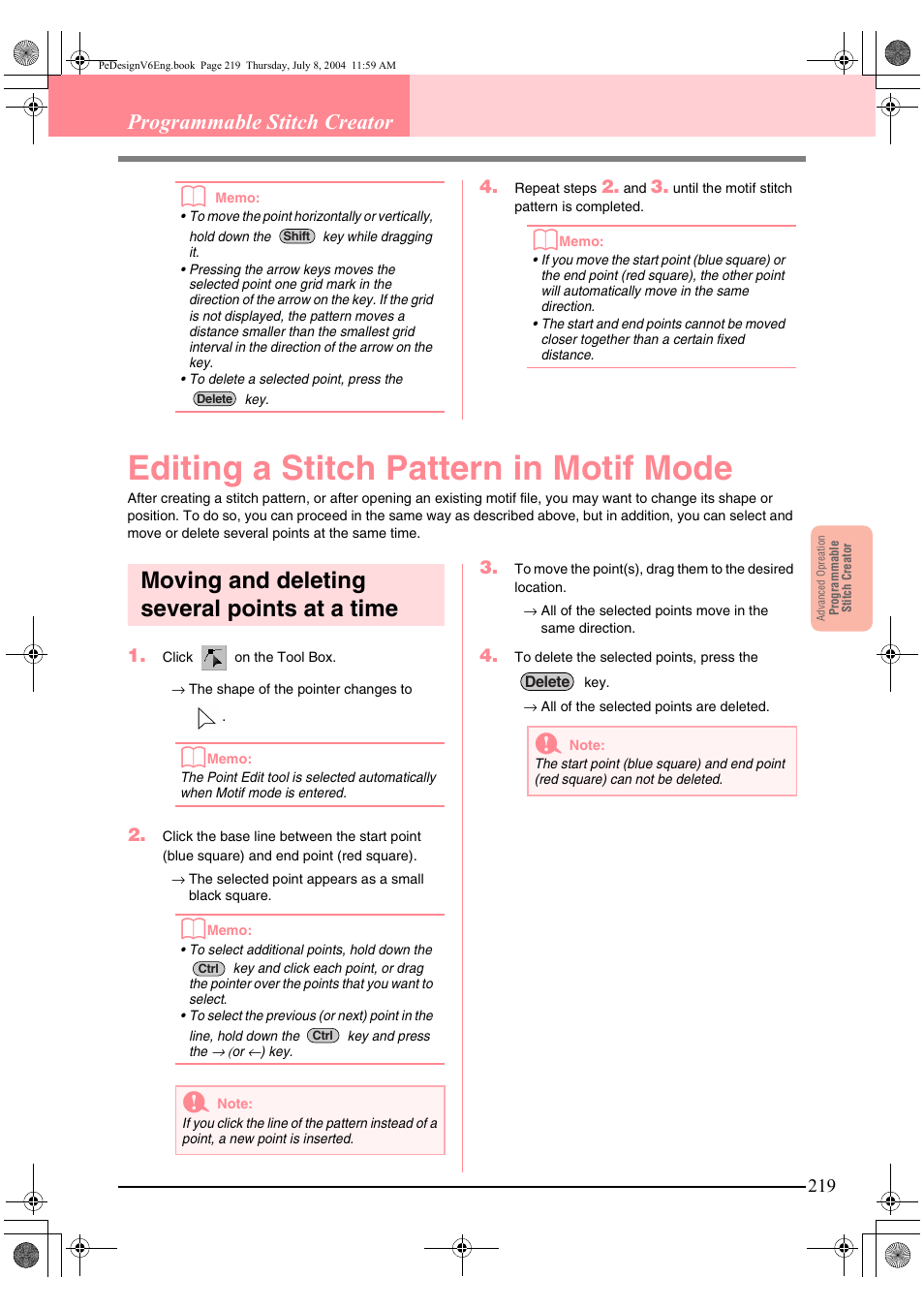 Editing a stitch pattern in motif mode, Moving and deleting several points at a time, Programmable stitch creator b | Brother PE-DESIGN Ver.6 User Manual | Page 227 / 272