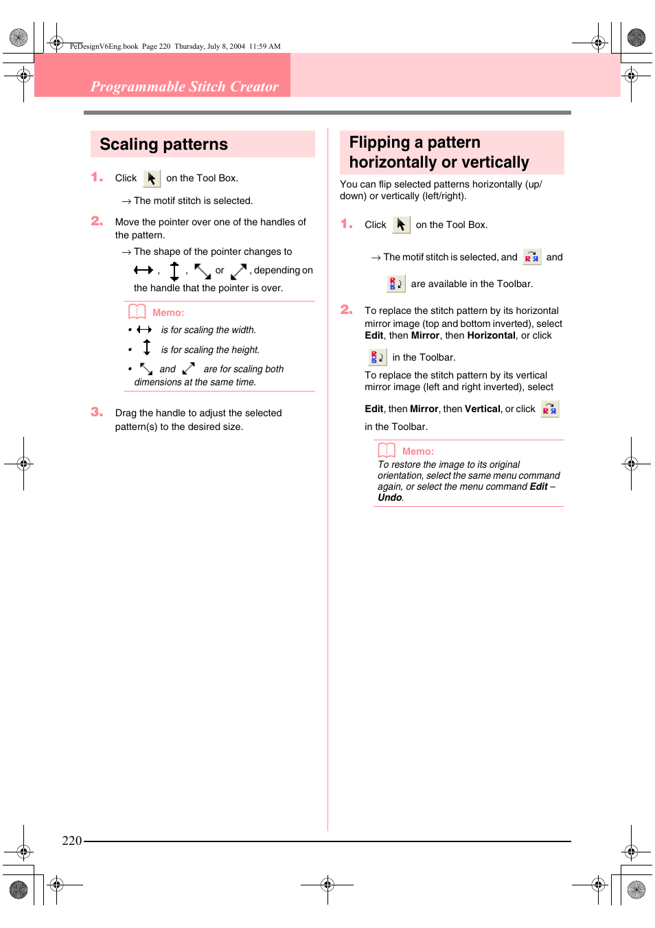 Scaling patterns, Flipping a pattern horizontally or vertically, Programmable stitch creator | Brother PE-DESIGN Ver.6 User Manual | Page 228 / 272