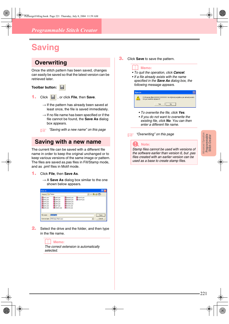 Saving, Overwriting, Saving with a new name | Programmable stitch creator | Brother PE-DESIGN Ver.6 User Manual | Page 229 / 272