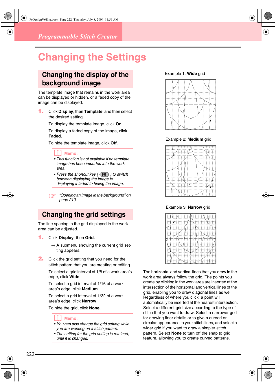 Changing the settings, Changing the display of the background image, Changing the grid settings | Programmable stitch creator | Brother PE-DESIGN Ver.6 User Manual | Page 230 / 272