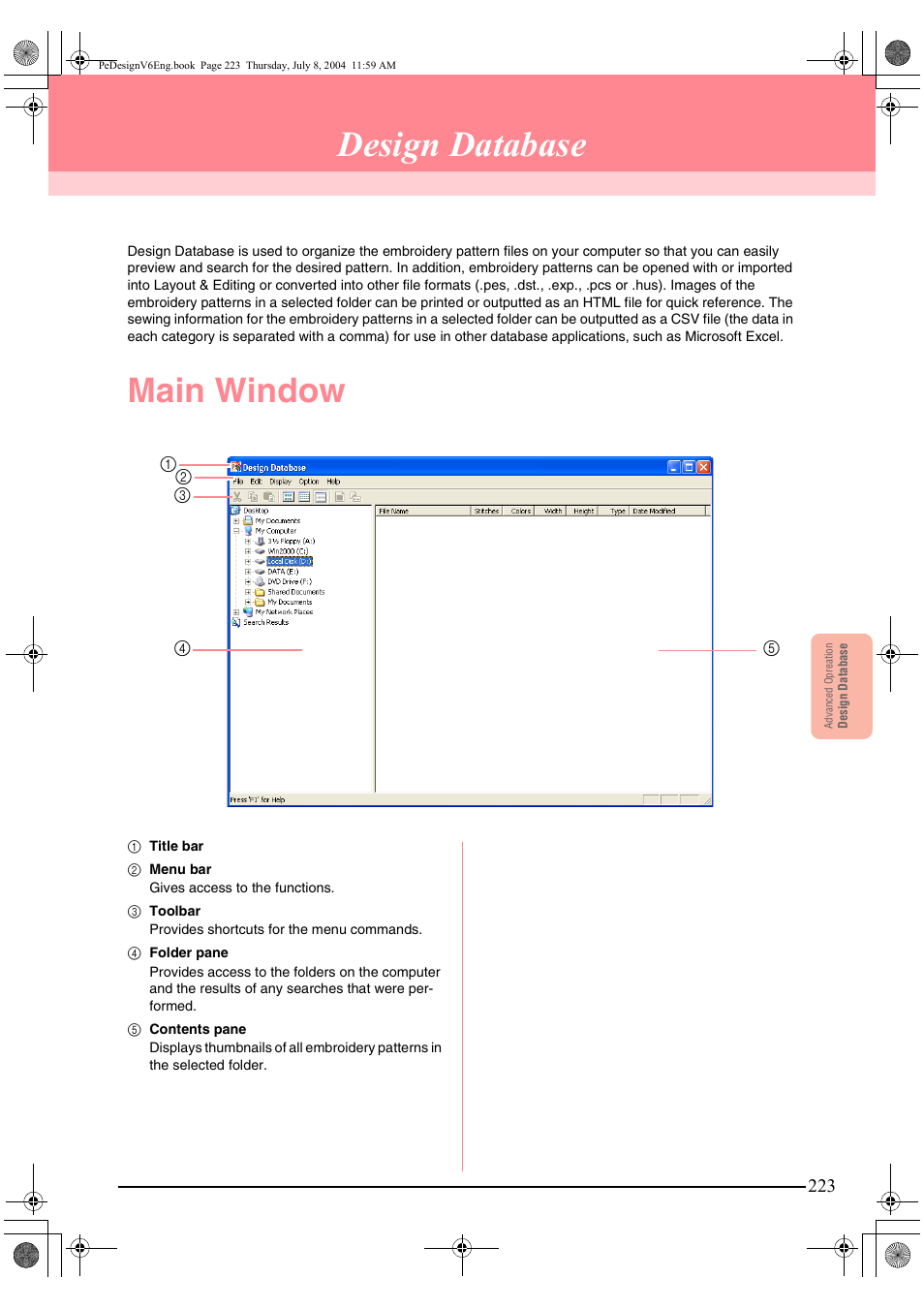 Design database, Main window | Brother PE-DESIGN Ver.6 User Manual | Page 231 / 272