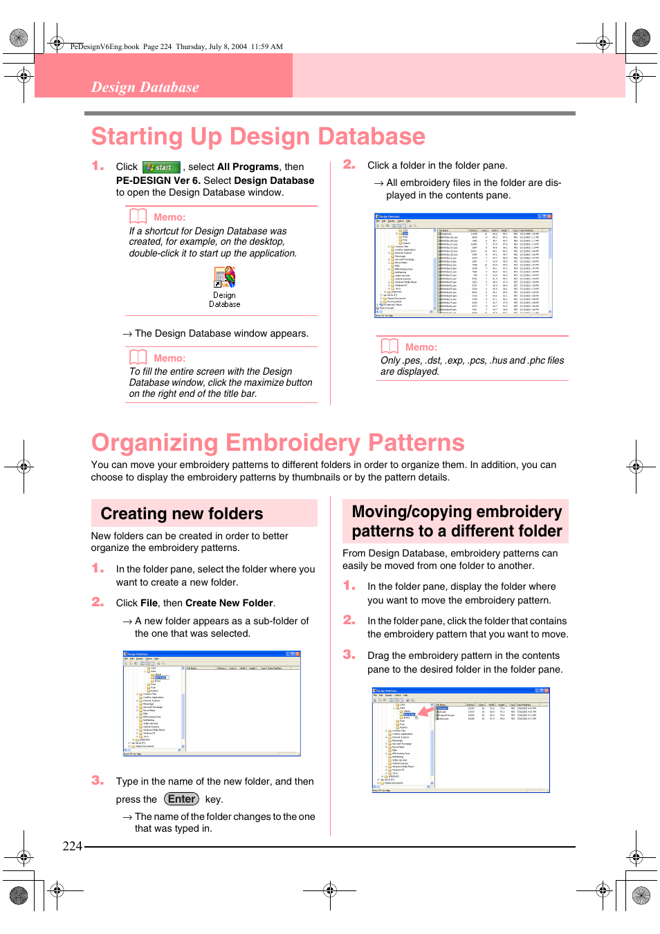 Starting up design database, Organizing embroidery patterns, Creating new folders | Design database | Brother PE-DESIGN Ver.6 User Manual | Page 232 / 272