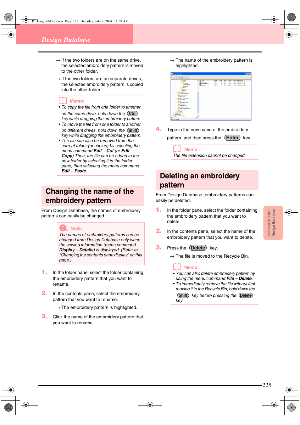 Changing the name of the embroidery pattern, Deleting an embroidery pattern, Design database | Brother PE-DESIGN Ver.6 User Manual | Page 233 / 272