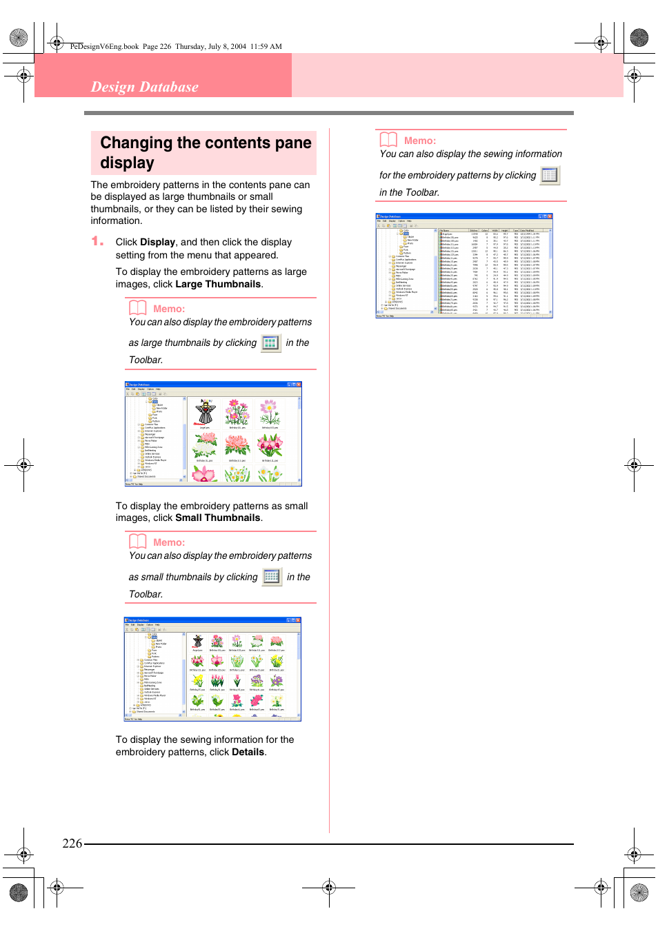 Changing the contents pane display, Design database | Brother PE-DESIGN Ver.6 User Manual | Page 234 / 272