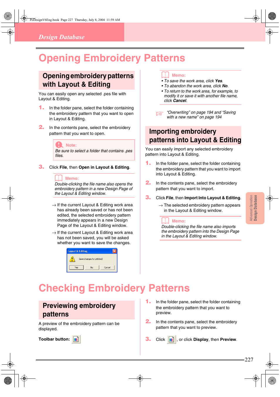 Opening embroidery patterns, Checking embroidery patterns, Opening embroidery patterns with layout & editing | Previewing embroidery patterns, Design database | Brother PE-DESIGN Ver.6 User Manual | Page 235 / 272