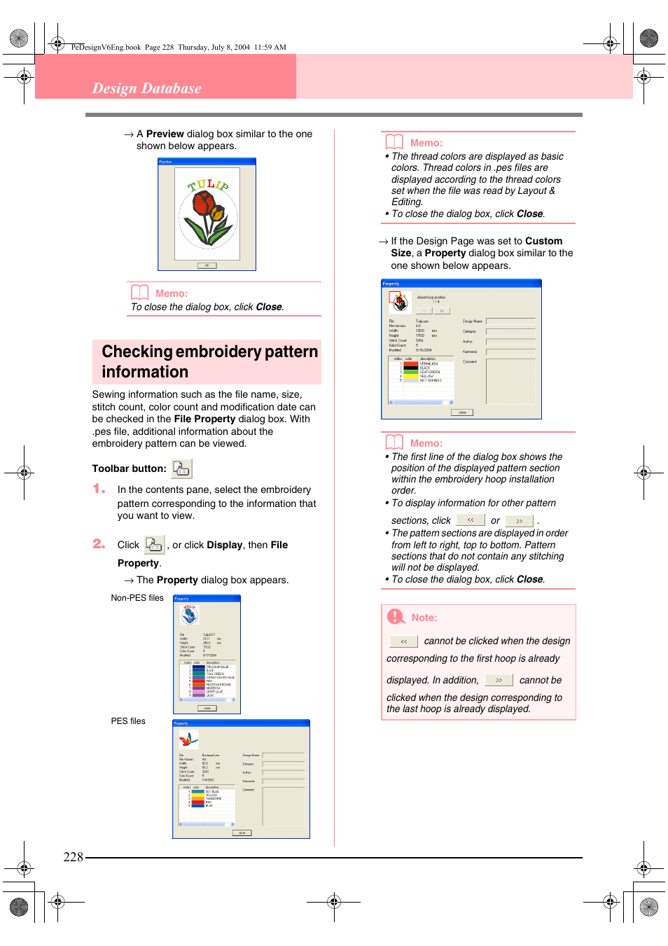 Checking embroidery pattern information, Design database | Brother PE-DESIGN Ver.6 User Manual | Page 236 / 272
