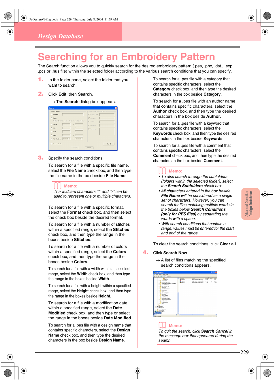 Searching for an embroidery pattern, Design database | Brother PE-DESIGN Ver.6 User Manual | Page 237 / 272