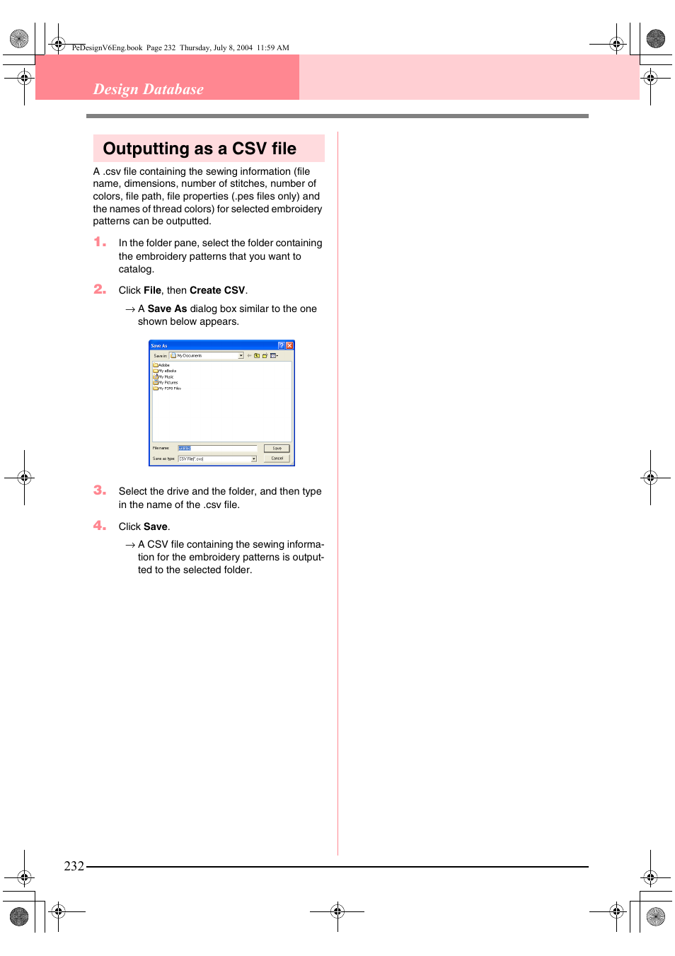 Outputting as a csv file, Design database | Brother PE-DESIGN Ver.6 User Manual | Page 240 / 272